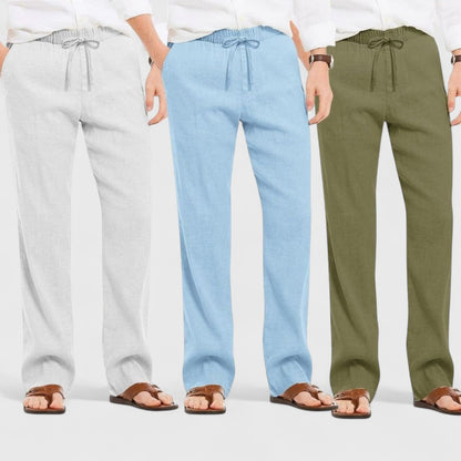 Combo of 3 Linen Loose Fit Men Pant Olive Green-Blue and Light Gray-50354
