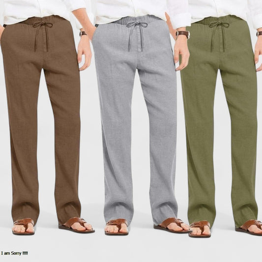 Combo of 3 Linen Loose Fit Men Pant Olive Green-Gray and Brown-50429