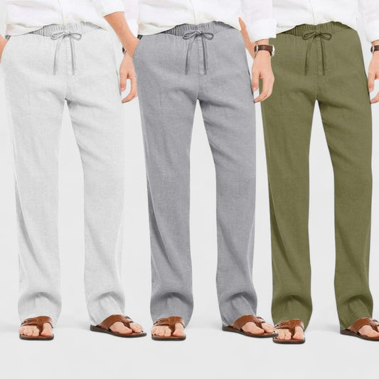 Combo of 3 Linen Loose Fit Men Pant Olive Green-Gray and Light Gray-50365