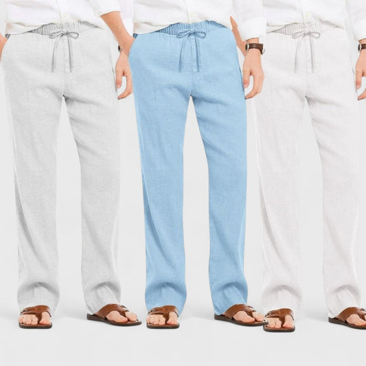 Combo of 3 Linen Loose Fit Men Pant White-Blue and Light Gray-50356
