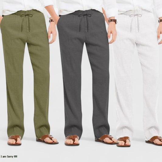 Combo of 3 Linen Loose Fit Men Pant White-Dark Gray and Olive Green-50461