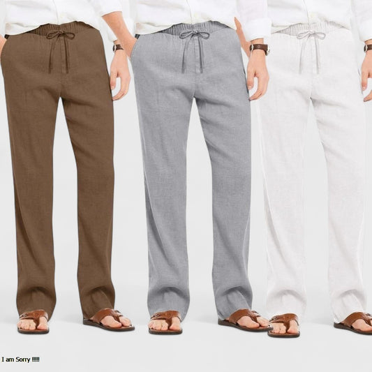 Combo of 3 Linen Loose Fit Men Pant White-Gray and Brown-50431