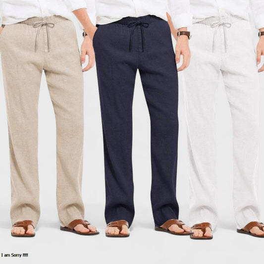 Combo of 3 Linen Loose Fit Men Pant White-Navy Blue and Light Beige-50454