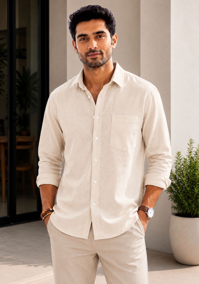 Cream Linen Relaxed Fit Full Sleeve Shirt-51880