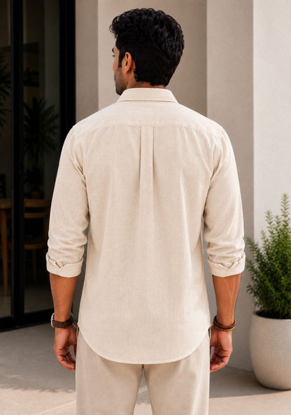 Cream Linen Relaxed Fit Full Sleeve Shirt-51880