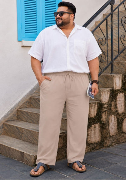 Cream Linen Plus SIze Relaxed Fit Men Pant-51556