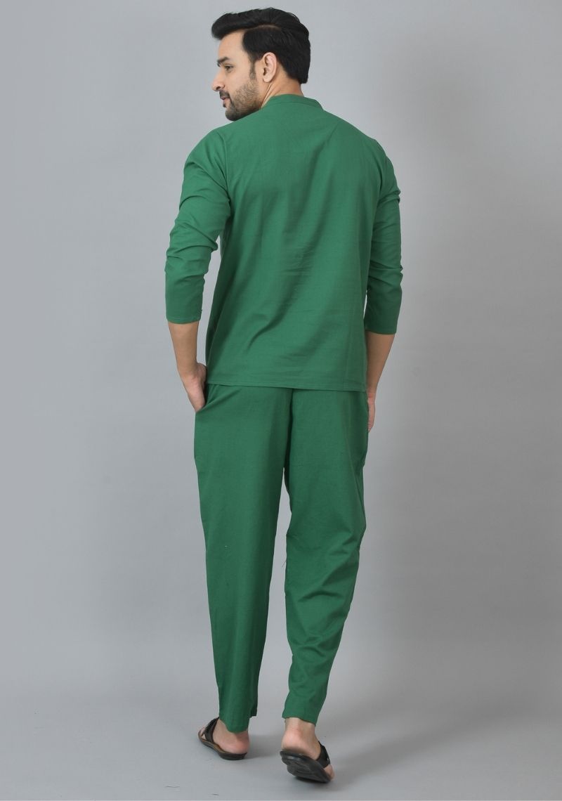 Men Cotton Solid Co-ord Set Bottle Green-25727