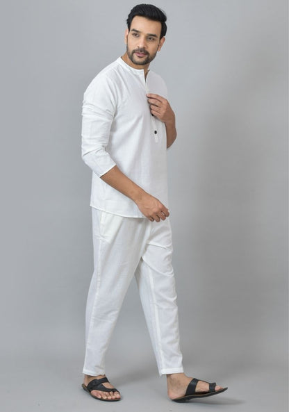 Men Cotton Solid Co-ord Set White-25729