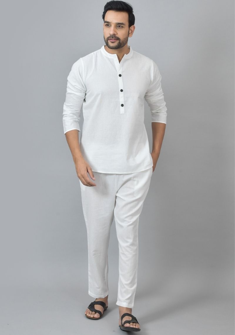 Men Cotton Solid Co-ord Set White-25729