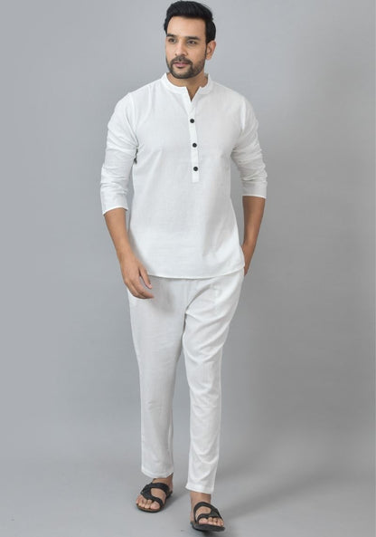 Men Cotton Solid Co-ord Set White-25729