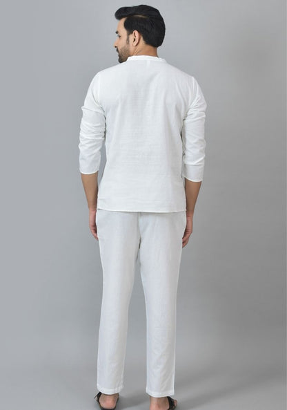 Men Cotton Solid Co-ord Set White-25729