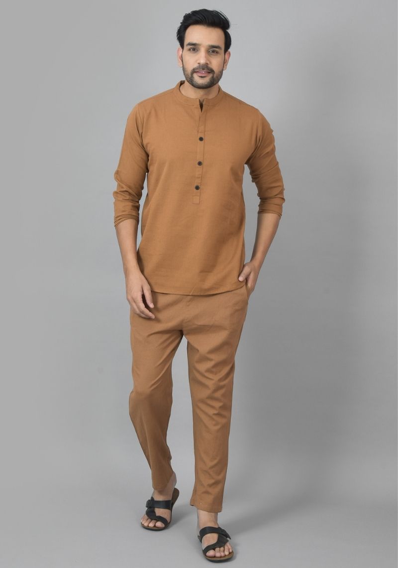 Men Cotton Solid Co-ord Set Brown-25733