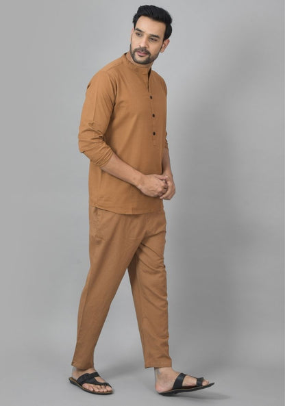 Men Cotton Solid Co-ord Set Brown-25733
