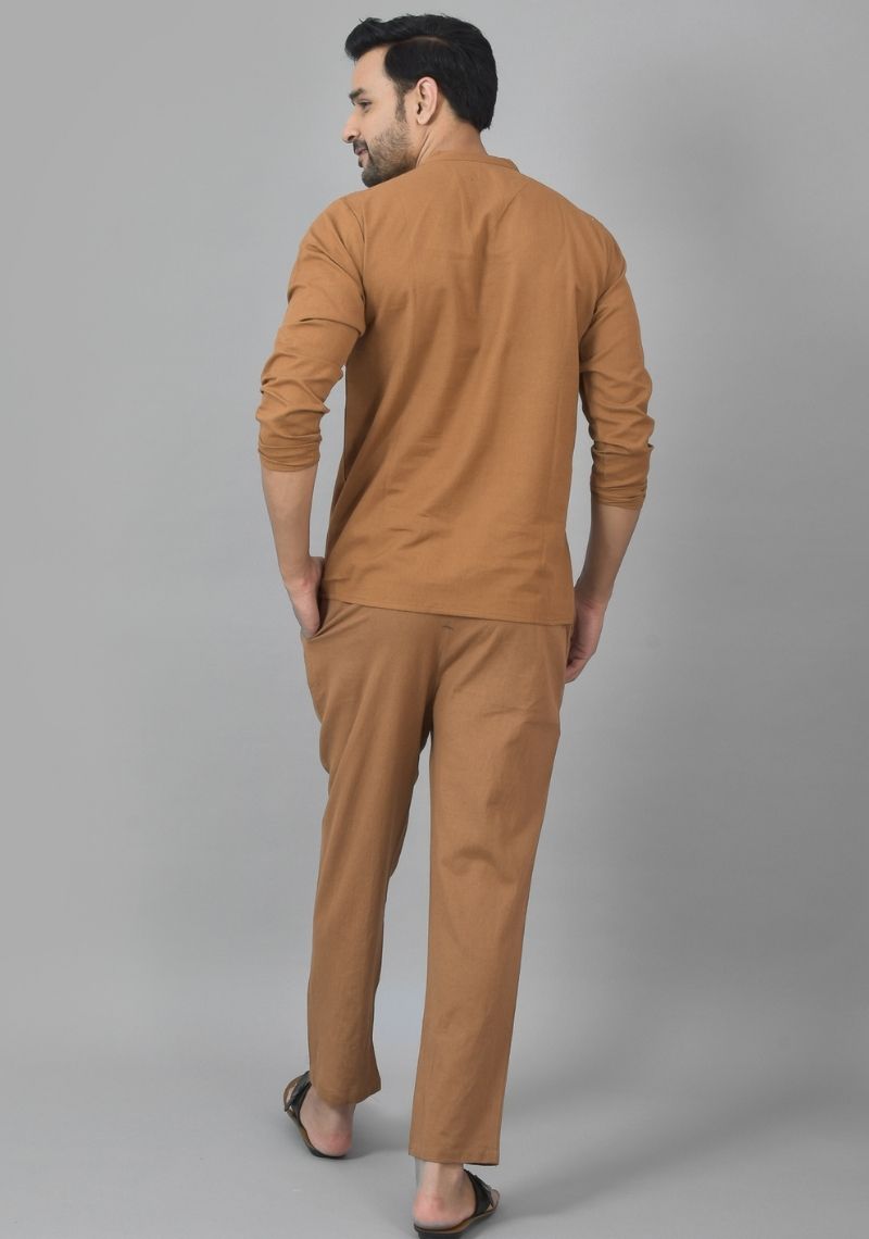 Men Cotton Solid Co-ord Set Brown-25733