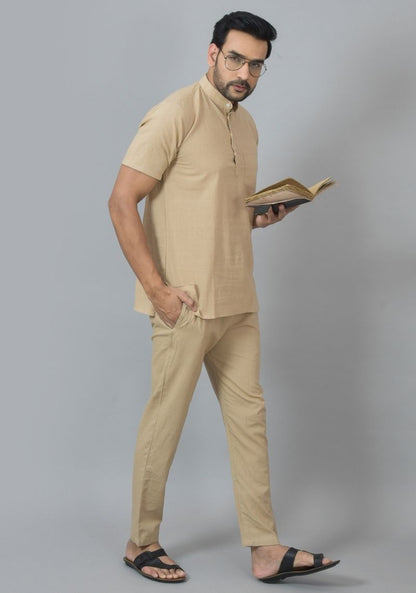 Men Cotton Solid Co-ord Set Beige-25734