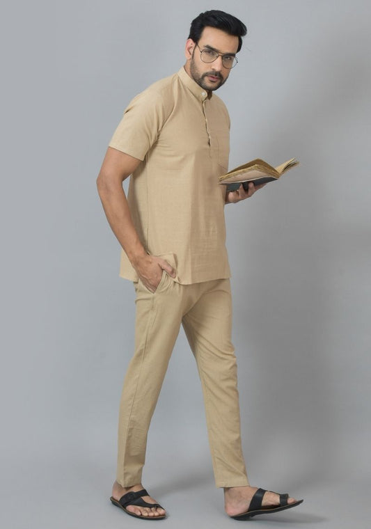 Men Cotton Solid Co-ord Set Beige-25734
