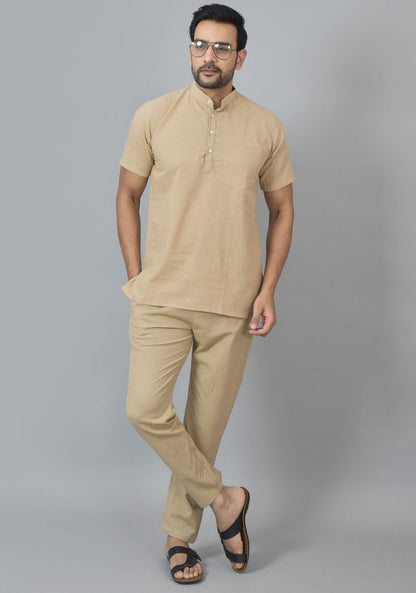 Men Cotton Solid Co-ord Set Beige-25734