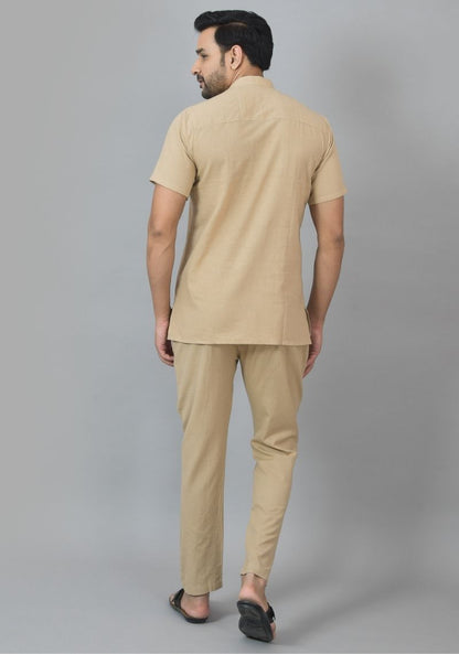 Men Cotton Solid Co-ord Set Beige-25734