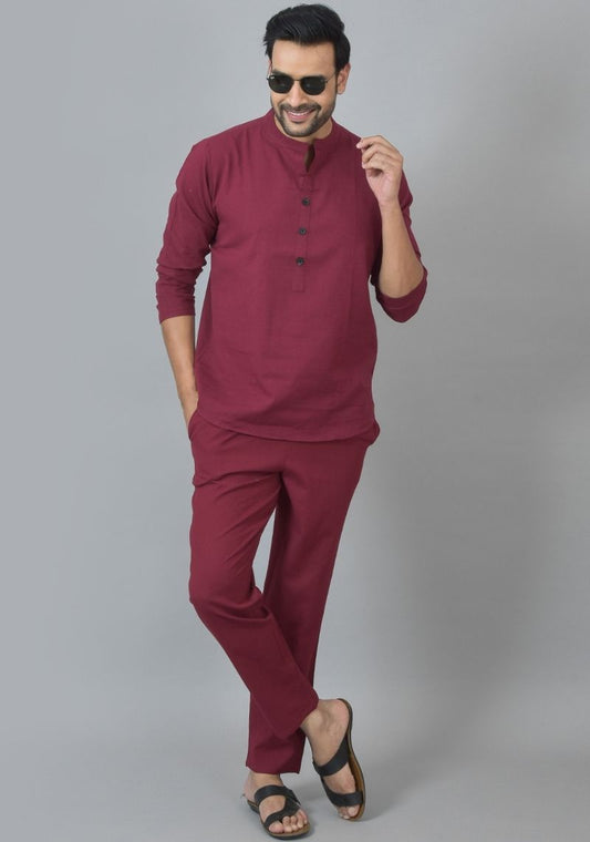 Men Cotton Solid Co-ord Set Maroon-25735