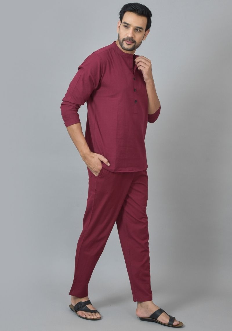 Men Cotton Solid Co-ord Set Maroon-25735