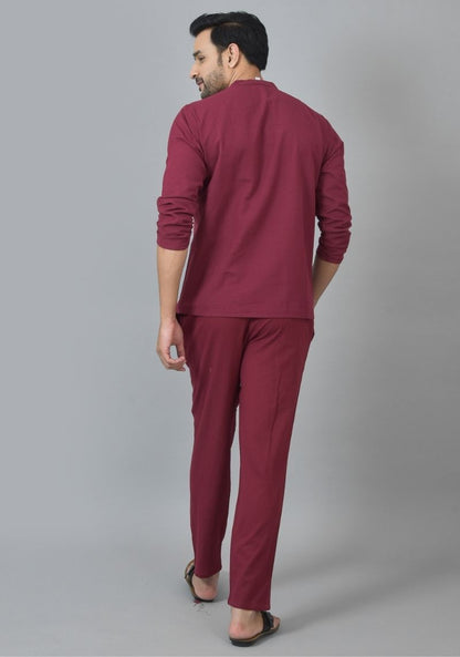 Men Cotton Solid Co-ord Set Maroon-25735