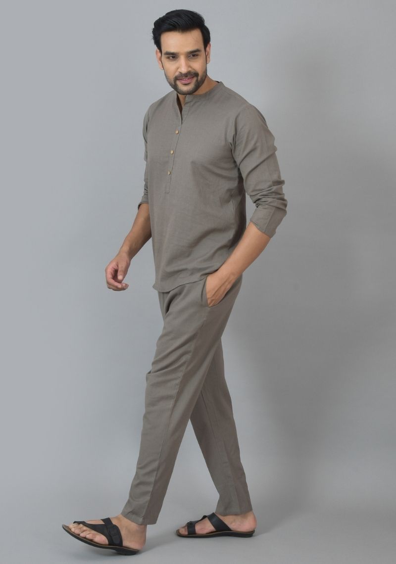 Men Cotton Solid Co-ord Set Gray-25736