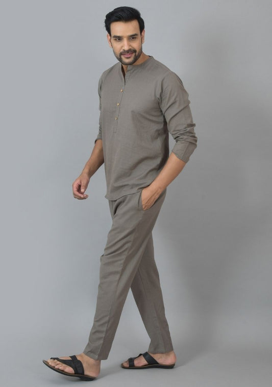 Men Cotton Solid Co-ord Set Gray-25736