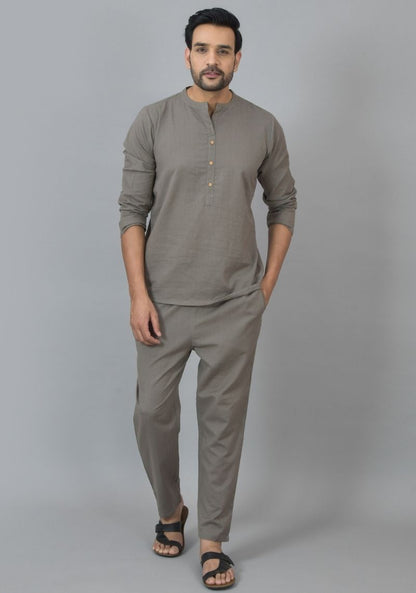 Men Cotton Solid Co-ord Set Gray-25736