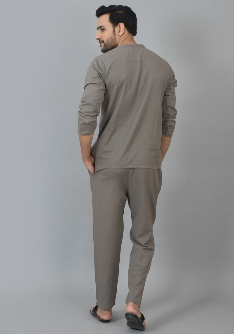 Men Cotton Solid Co-ord Set Gray-25736