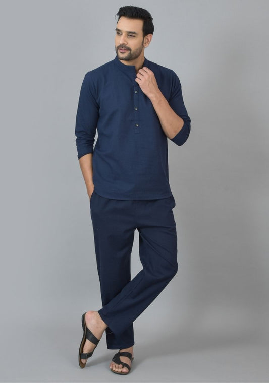 Men Cotton Solid Co-ord Set Navy Blue-25737