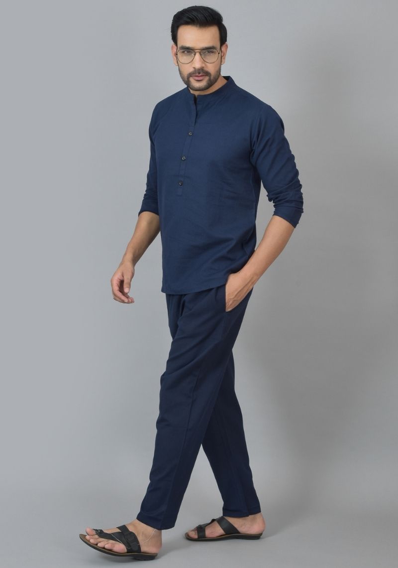 Men Cotton Solid Co-ord Set Navy Blue-25737