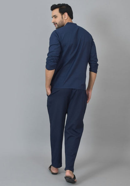 Men Cotton Solid Co-ord Set Navy Blue-25737