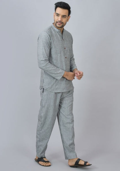 Men Cotton Stripe Co-ord Set Gray White-46665