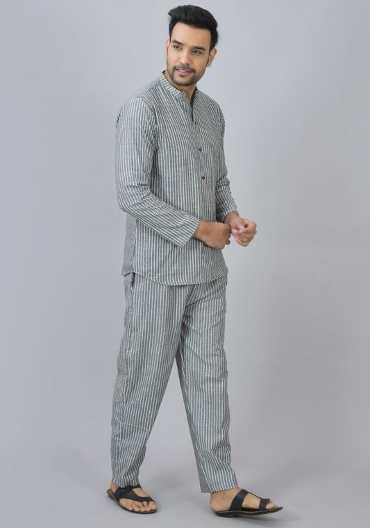 Men Cotton Stripe Co-ord Set Gray White-46665