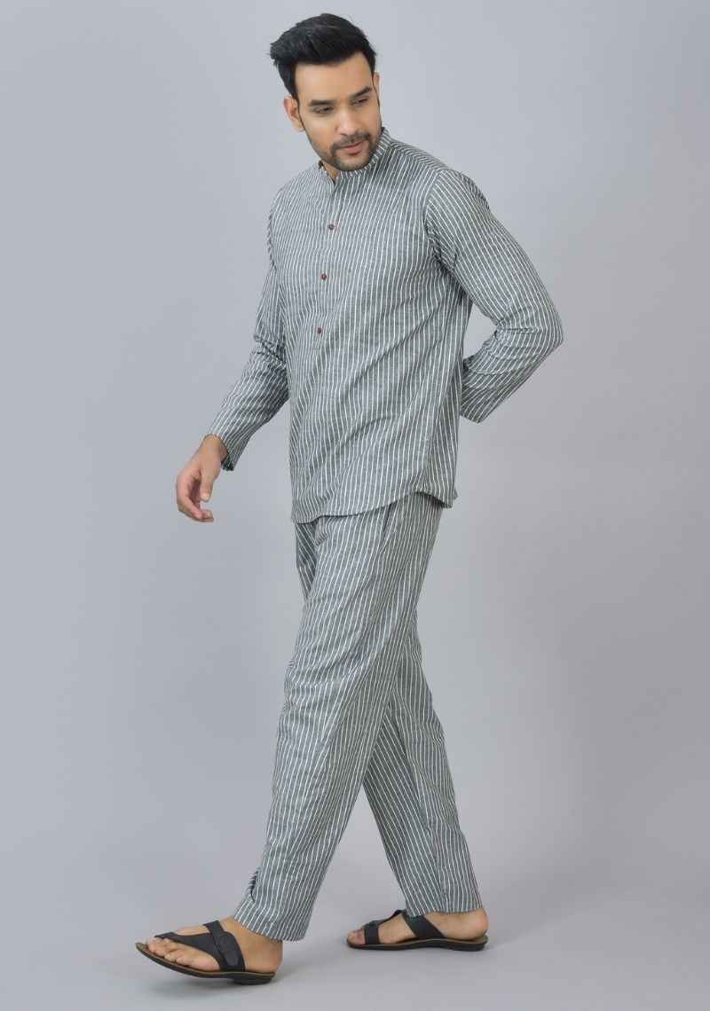 Men Cotton Stripe Co-ord Set Gray White-46665