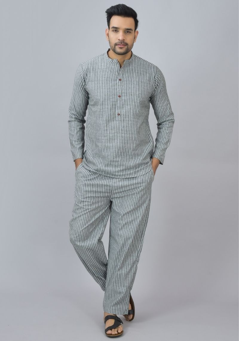 Men Cotton Stripe Co-ord Set Gray White-46665