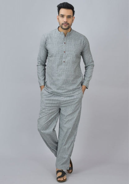 Men Cotton Stripe Co-ord Set Gray White-46665