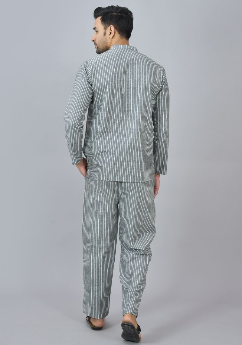Men Cotton Stripe Co-ord Set Gray White-46665