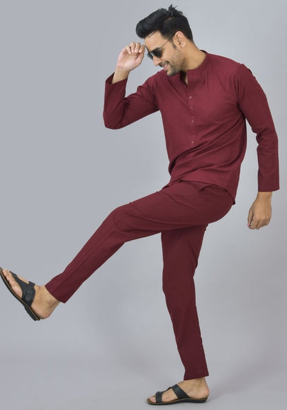 Men Cotton Solid Co-ord Set Wine-46666