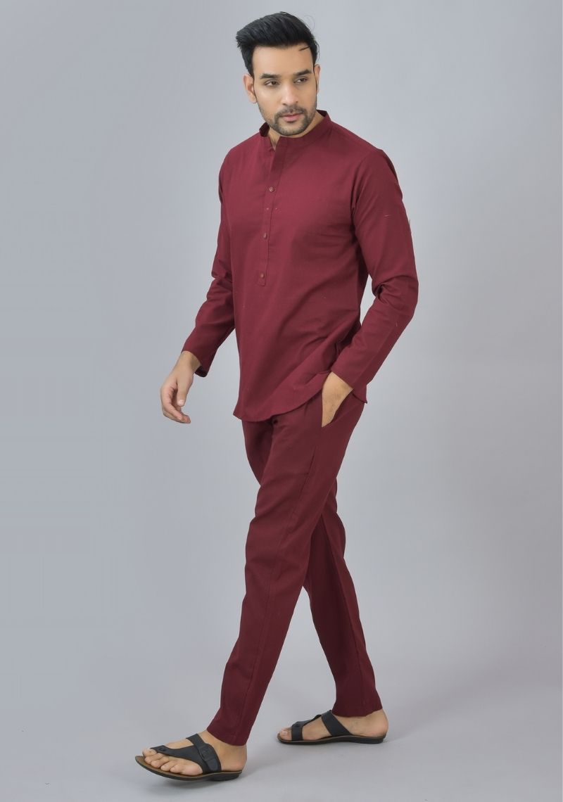 Men Cotton Solid Co-ord Set Wine-46666