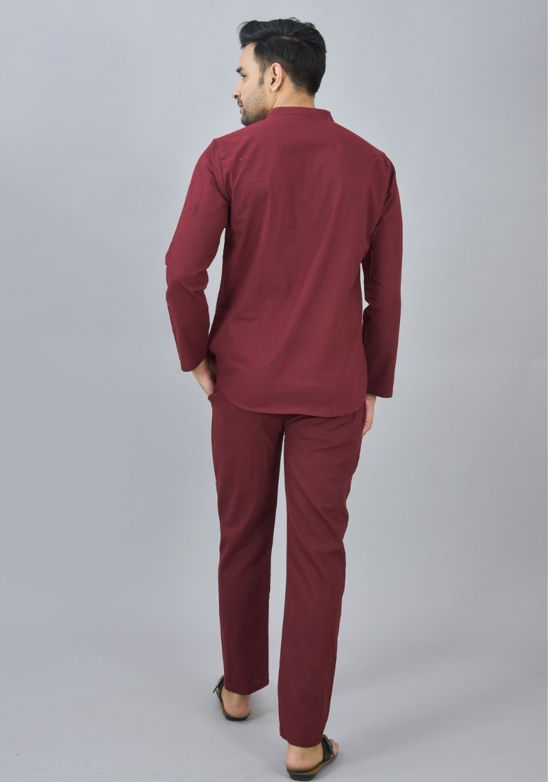 Men Cotton Solid Co-ord Set Wine-46666