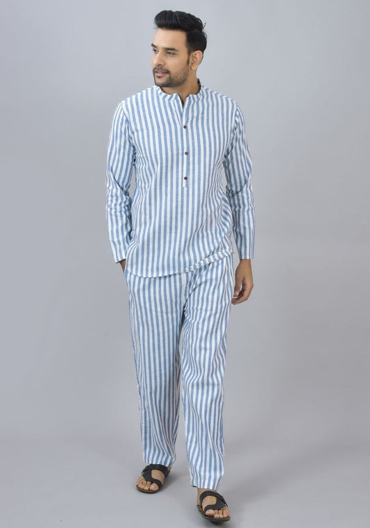 Men Cotton Stripe Co-ord Set Sky Blue White-46667