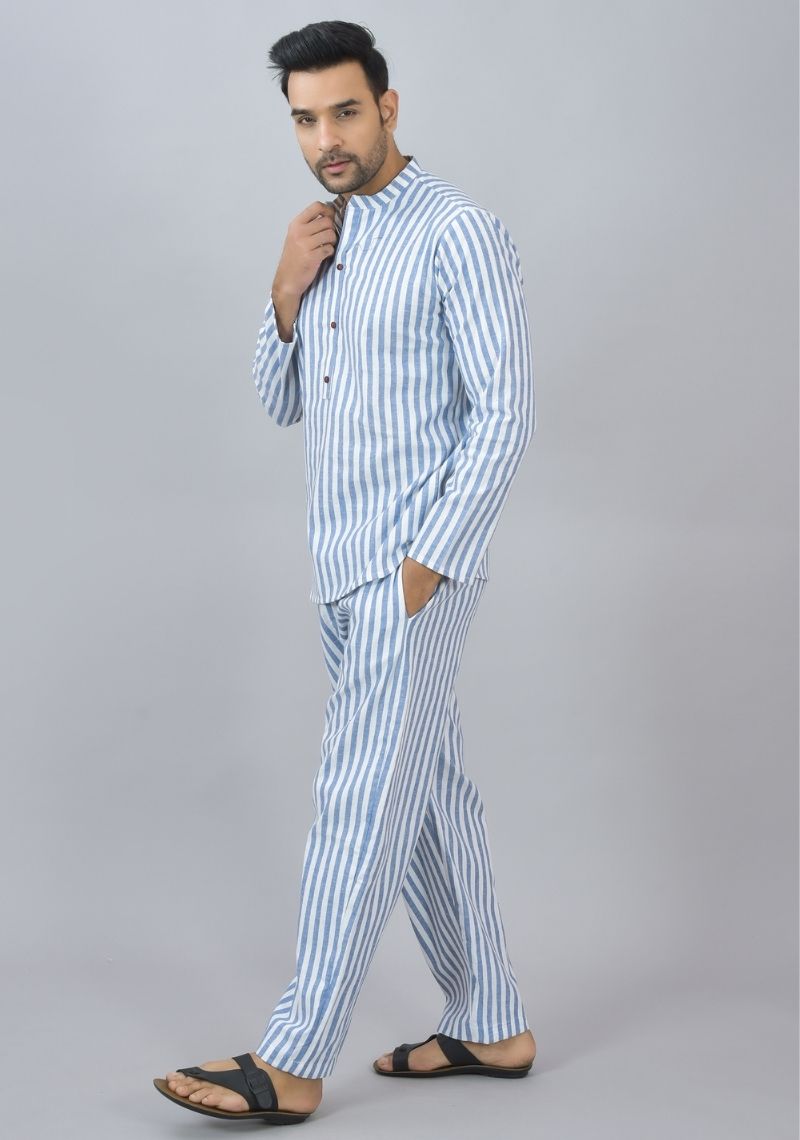 Men Cotton Stripe Co-ord Set Sky Blue White-46667