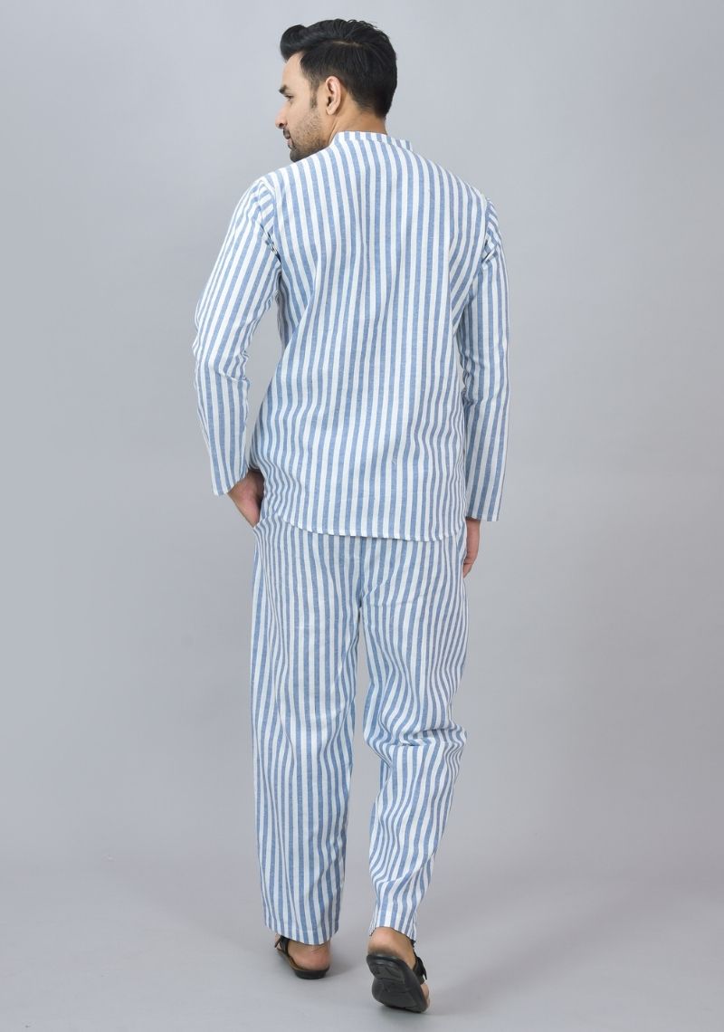 Men Cotton Stripe Co-ord Set Sky Blue White-46667