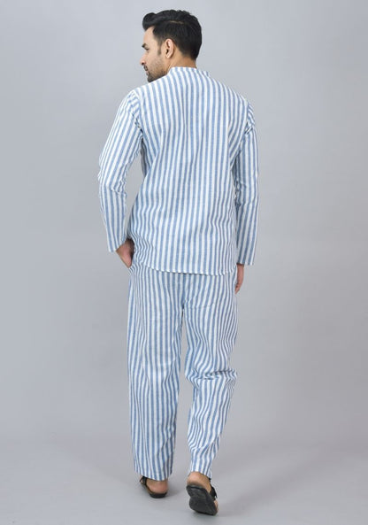 Men Cotton Stripe Co-ord Set Sky Blue White-46667