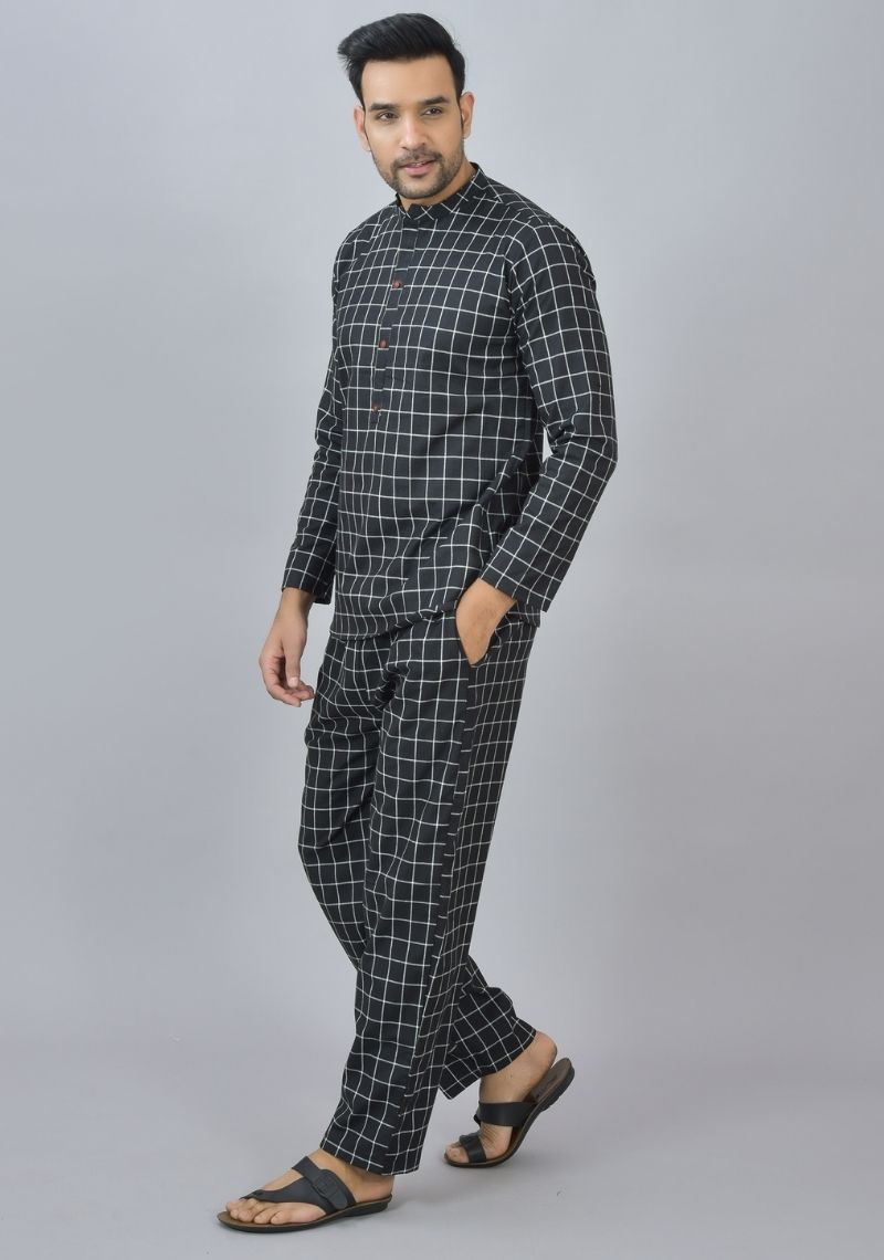 Men Cotton Stripe Co-ord Set Black White-46668