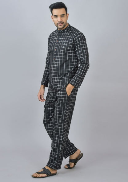 Men Cotton Stripe Co-ord Set Black White-46668