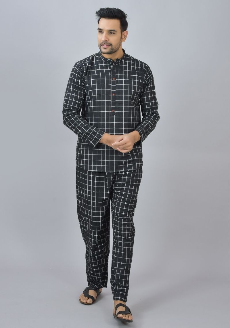 Men Cotton Stripe Co-ord Set Black White-46668