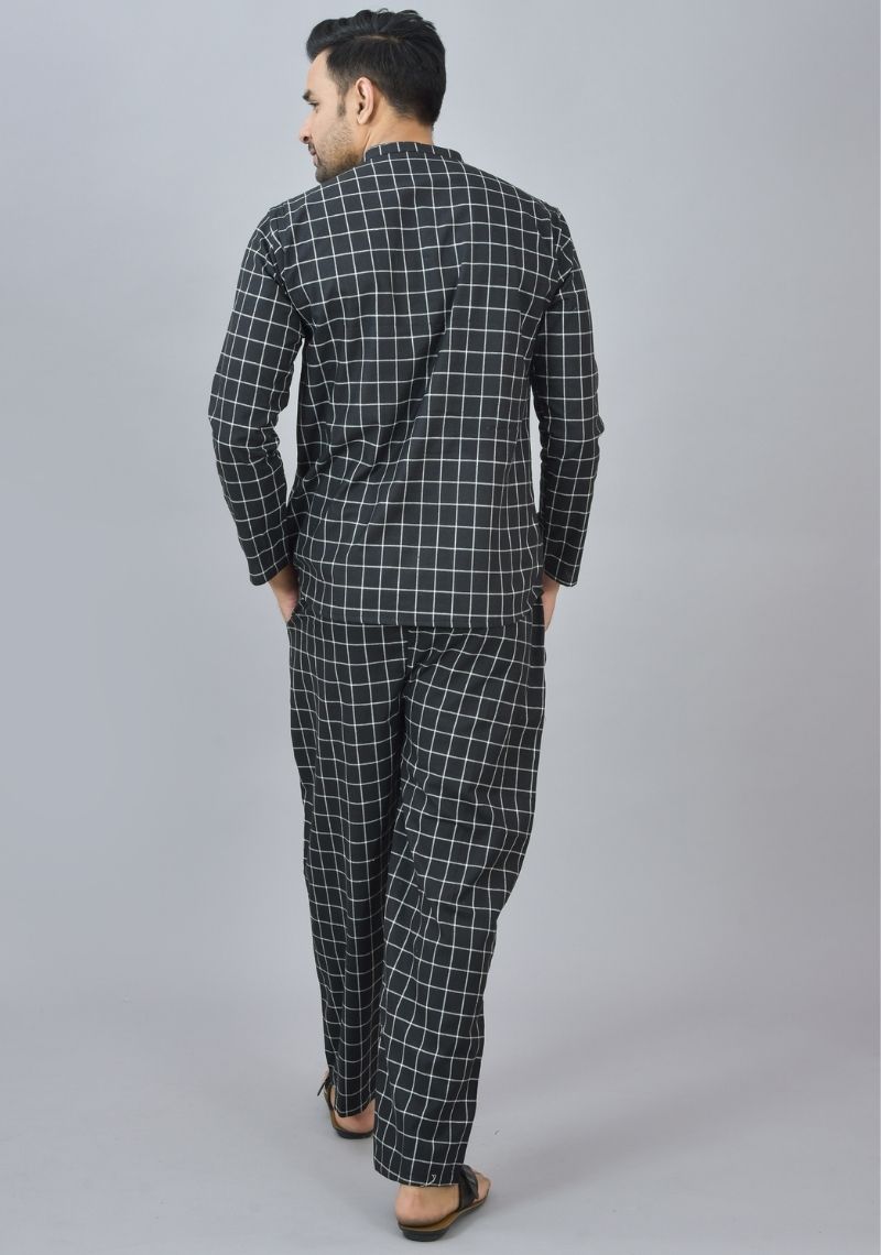 Men Cotton Stripe Co-ord Set Black White-46668