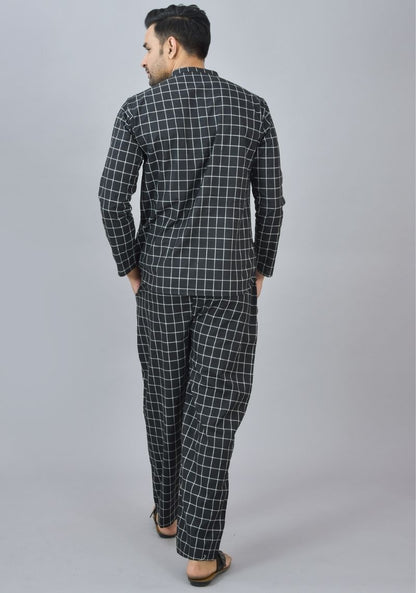 Men Cotton Stripe Co-ord Set Black White-46668